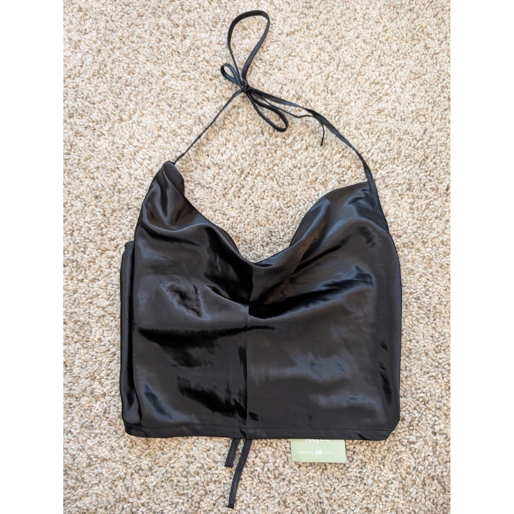 H&M Divided Black Satin Cowl Neck Halter Top Open Back Tie Conscious Choice M
